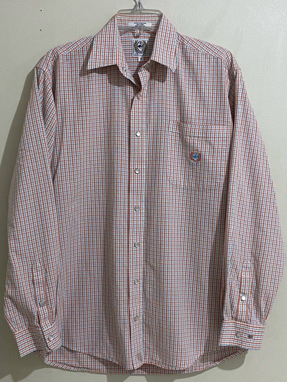 CINCH Men's Orange and White Check Pearl Snaps Shirt Size S Long Sleeve